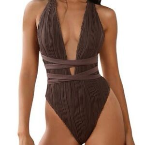 Zaful Brown Plunge One Piece Swimsuit